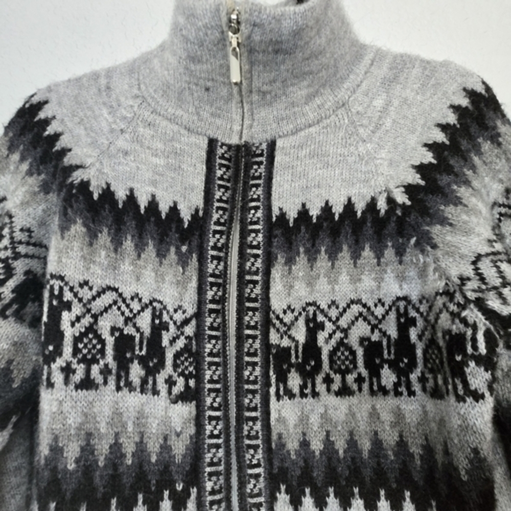 Alpaca Connection S Gray Full Zip‎ Knit Mockneck Sweater Alpaca Print - Picture 3 of 8